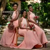 2023 African Blush Pink Bridesmaid Dresses Wedding Guest Dress Mermaid Halter Pearls Floor Length Plus Size Country Maid of Honor Gowns