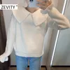 Zevity 여성 패션 꽃 자수 거절 칼라 캐주얼 뜨개질 스웨터 여성 세련된 플레어 슬리브 풀오버 탑 S431 201221