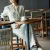 Moda-Kuzuwata Japon Sonbahar Kadınlar Cornes Tatlı Mizaç Vestidos V Boyun Puf Kol Baskı Yüksek Bel İpli Elbiseler