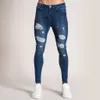 Herren Einfarbig Jeans Neue Mode Slim Bleistift Hosen Sexy Casual Loch Ripped Design Streetwear Coole Designer, Weiß blau 30H 201111