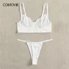 Colrovie White Flollal Contrast Lace Ribnit Underwire Lingerie set women bra and thong