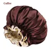 Duża Satin Sleeping Cap Dwuwarstwowa Stretch Dostosuj Sleep Night Hat Kobiety Szeroki Brim Wrap Głowy Prysznic Czapki Akcesoria do włosów