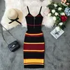 Nueva moda 2021 Slim Summer Rayas Impresión de punto de algodón Vestido Midi Mujeres Spaghetti Strap Casual Party Bodycon Vestidos Y0118