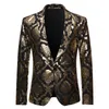 Mens Gold Floral Foil Print Suit Blazer Jacket Men Slim Fit One Button Nightclub Tuxedo Party Stage Singers Clothes