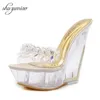 Women Shoes Diamond Highheeled 14cm tofflor Crystal Slide Waterproof Non Slip Botten Tjock Summer Female Sexy Sandals Y200423 GAI GAI GAI