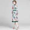 Banulin Primavera Estate Fashion Runway Shirt Dress Manica lunga da donna Casual Floral Stripe Print Pieghettato Midi Abito elegante 201204