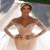Luxus-Perlen-Meerjungfrau-Hochzeitskleid mit abnehmbarer Schleppe, voller Spitze, langärmlig, Robe De Mari￩e, Sweep-Zug, Kirche, wunderschöne Brautkleider