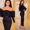 Sparkly Black Elegante avondjurken Off Shoulder -pailletten Formele feestjurken Strapless Special OCN -jurk met lange mouwen