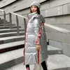 Hiver longue veste pour femmes col montant Parka femme manteau à capuche avec tissu brillant long coton chaud rembourré 201225