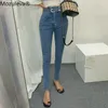 Mozuleva Vintag Mujeres de doble botonadura Denim Jeans Cintura alta Pantalones elásticos Capris Mujer Streetwear Cordón Jeans Otoño 201030