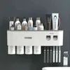 Magnetic Adsorption Inverted Toothbrush Holder Double Automatic Toothpaste Squeezer Dispenser Storage Rack Bathroom Accessories 211222