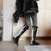 Kvinnliga skor varumärkesdesigner varma stövlar vinterskor kvinna patent läder knä höga stövlar högkvalitativa läder rid snö1