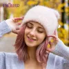 Ciesz się zimowymi króliczymi futrzanymi czapkami dla kobiet podwójna podszewka ciepłe żeńskie czapki moda młode panie czapka mankiet elegancki styl y200103
