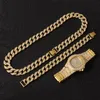 Złote Hip Hop Miami Naszyjnik Kubański Łańcuch Iced Out Beton Dhinestones CZ Bling Rapper Gold Naszyjniki Zegarek Bransoletka Biżuteria dla Mężczyzn