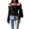 Effen kleur geplooide boog mode vrouwen dames lange mouw off schouder bijgesneden tops blouse shirt lace up corset wit / zwart