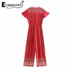 Everkaki Boho Floral Print Rompers Jumpsuits Women Spring Justerbara Sashes Button Lamer Jumpsuits Rompers Female Summer T200509