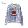 Women's Sweaters Runway Luxury Winter Knitting Pullovers High Quality Floral Crown Embroidery Casual Loose Blue Sweater C-127