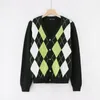 Women Cardigan Vintage Stylish Geometric Pattern Short Knitted Sweater Fashion Long Sleeve English Style Outerwear Chaqueta 201111