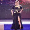 Traditionell Kosovo Vestidos formales arabisk kvällsklänning satin sida split Sexy Prom Party Gowns Kortärmad Robe de Soirée
