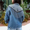 Boho inspirierte blaue Jeansjacke mit Fransen, lange Ärmel, lockere lässige Jeansjacke für Damen, Herbst-Winterjacke, Damen-Outwear