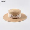 Uspop nya kvinnor raffia halm hatt kvinnlig naturlig halm sol hattar avslappnad bow-knot platt topp hatt sommarbredd brädhatt y200714