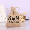 Personalisierte benutzerdefinierte Hochzeit Name und Datum Sackleinen Sackleinen Kordelzug Verpackung Beutel kleine Hochzeitsgeschenke für Gäste H1231