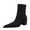 Women Ankle Boots Ladies Shoes ZIP Mid Calf Boots Square Heel Soft Stretch Fabric Long Boot Footwear Woman Fashion Autumn Winter