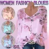 Grande tamanho Lace Solta Mulheres Blusas Blusa de Verão Top Casual Moda V-pescoço de Manga Longa Impresso Chiffon Camisa 201201