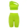 2020 Women Women Neon Color Duas peças do ombro Hollow Out Crop Top Elastic High Shorts Rouno de roupa de roupa T200701