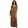 여성 Boho Long Sleeve Maxi 드레스 숙녀 파티 스플릿 드레스 드레스 여름 해변 기하학적 패턴 Sundress T200320