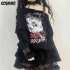 Kosahiki Y2K T-shirt Kvinnor Harajuku Black Vintage Tops Skull Print Off Axel Belted Tee Shirt Summer 2022 Japan Streetwear 220207