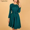 Capcines Botão Elegante Sashes A-Linha Vestido Mulheres Outono Casual Rodada Pescoço Manga Longa Vintage Senhora Sólida Escritório Mini Vestidos T200522