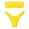 Kadınlar Ayarlanabilir Geri Dantel-up Bandeau Bikini Kapalı Omuz Bikini Set Nervürlü Mayo Kadın Mayo Seksi Pembe Mayo LJ200825