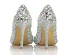 Europe and The United States fashion high slip shoes dazzling color glass diamond wedding dress thin heel pointed sexy bride bridesmaid runw