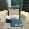 Rol luksusowe Wysokiej jakości zielone pudełko na zegarek Etui Torby papierowe certyfikat Oryginalne pudełka na Drewniane damskie męskie zegarki Torby na prezenty Akcesoria torebka łódź podwodna x