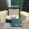 HJD Rolex Luxury High Quality Green Watch Box Cases Papperspåsar Certifikat Originallådor för träkvinna Mensklockor Presentväskor 326R