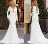 Långärmade sjöjungfru bröllopsklänningar 2021 V Neck Lace Satin Lace Bridal Dress Custom Made Backless Wedding Gowns Vestido de Noiva