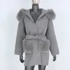 Bluenessfair 2020 Wool mieszanka wełny prawdziwa futrzana kurtka zimowa Kobiety Naturalny futra kołnierz kieszonkowy pasek odzieży wierzchniej LJ201106