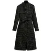 Höst Winter Single-breasted Woolen Coat Kvinnor Lång Woolen Coats Militär Plaid Långärmad Ficka Tweed Ytterkläder med Belt LJ201109