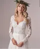 Vestido de casamento manga comprida com espartilho low back chão comprimento lace apliques boho vestidos de nupcial branco tule organza gracioso v-pescoço