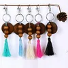 FedEx Partihandel Trä Beaded Keychain Party Favor Tassel Round Wooden Chips KeyRing DIY Monogrammed Bil Pendant Festival Party Present