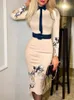 Fashion-Romwe Y2K Print Long Sleeve Tie Detail Work Elegant With Belt Bodycon Midi Vestidos De Casual Feminine The Dress