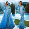 Sparkly Sequined Mermaid Prom Dresses With Detachable Train Square Neck Long Sleeves Evening Gowns Tiered Tulle Formal Dress