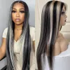 24/32 Inch Grey Long Highlight Human Hair Wig Ombre Transparent HD Lace Front Wig 13x4 Curly Hair Women's Natural Hairline Fakeseamless natural Precut