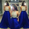 Vestido incrível Top Neck completa Beading Nude Bodie A linha de Piso comprimento real Lady Blue Formal Evening vestidos Masque Partido com bolso