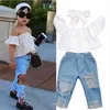 3 Delige Set Babykleding Mode Baby Witte Jas Gat Jeans Bows Hoofddeksels Kinderen Vrouw Kleding Sets 2020 30jx K2