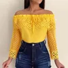 Mode Eleganta Kvinnor Skjorta Virka Slim Toppar Lace Patchwork Broderi Nio Kvartär Äreve Kontor Gul Blus