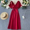 Vintage Slim V шеи Кнопка Платья летом MIDI длинное платье Vestido de Festa вечеринки вечеринка вечером женщины повседневные элегантные Vestidos T200620