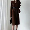 Colorfaith Yeni Sonbahar Kış Kadın Elbise Örme Düz Kore Tarzı Moda Zarif Katı Bayanlar Elbise LJ201202