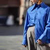 AELロイヤルブルーシャツ女性ラペルブラウスフェミニナファッションサファリスタイル春夏トップ服緩いプラスサイズ220311